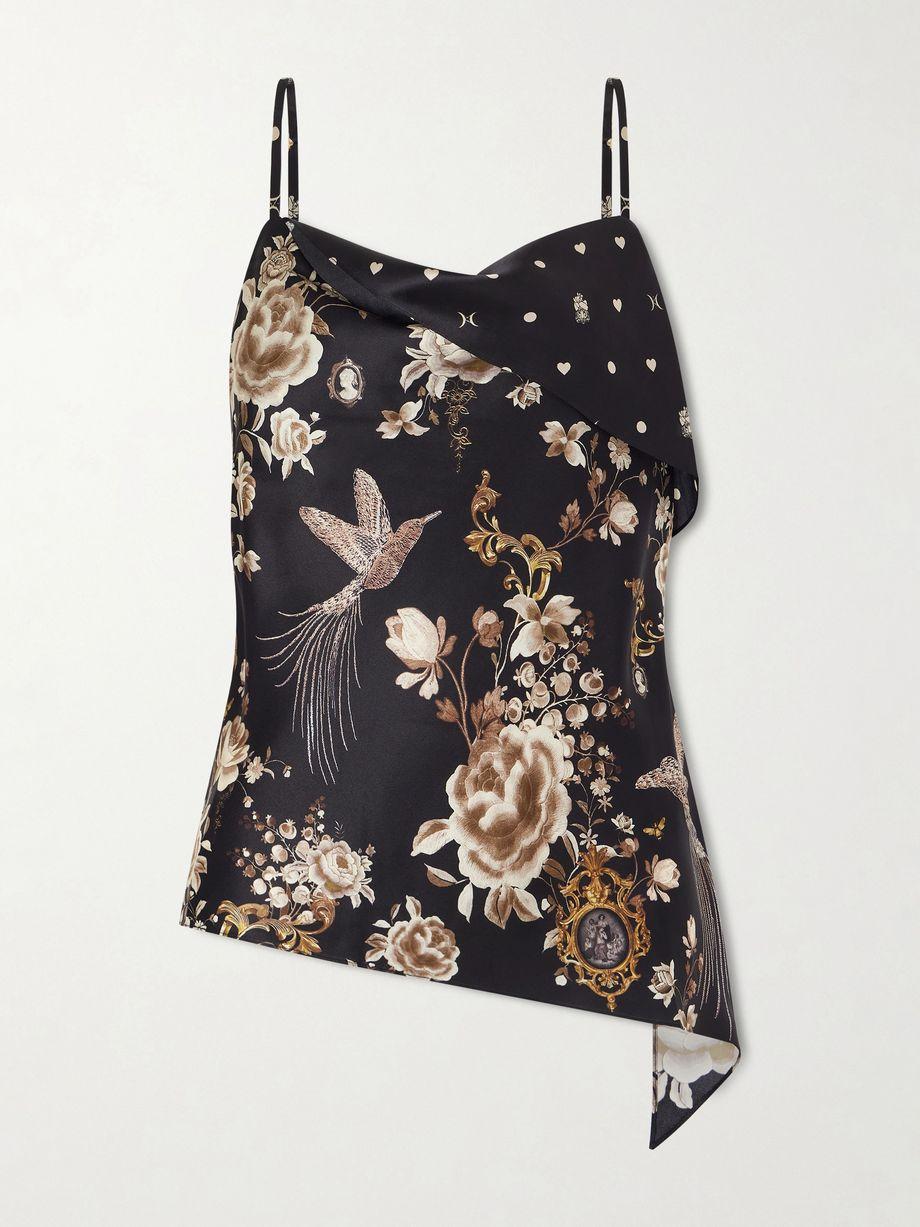 Asymmetric draped embellished embroidered printed silk-satin top by CAMILLA