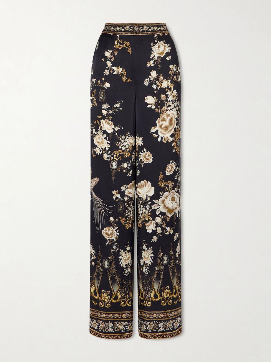 Embellished embroidered printed silk-satin pants by CAMILLA