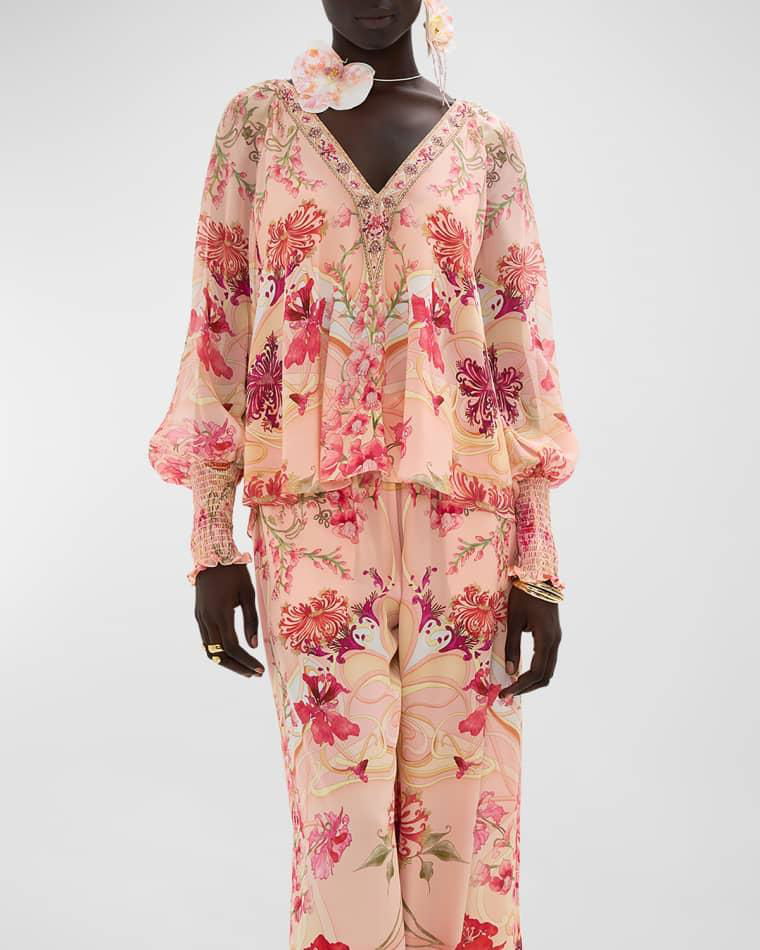 Shirred-Cuff Floral Silk Blouse by CAMILLA