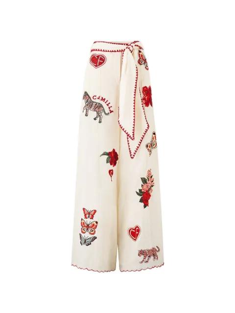 embroidered-details scarf-belt wide-leg linen trousers by CAMILLA