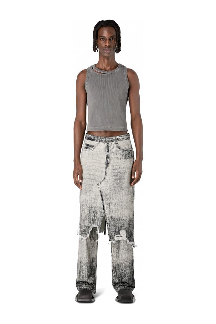 Denim Skirt Faded Black Paint Print Denim Skirt by CAMPERLAB