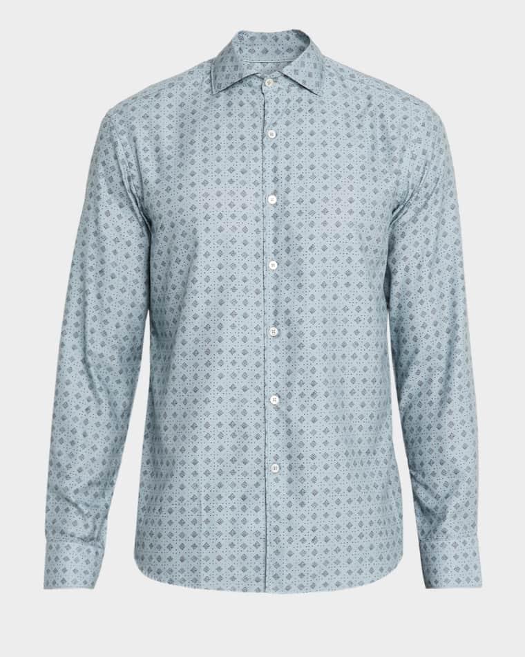 Men's Cotton and Lyocell Geometric-Print Sport Shirt by CANALI