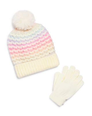 Girls' Birds Eye Heart Knit Cuff Beanie with Faux Fur Pom & Gloves Set - Little Kid by CAPELLI