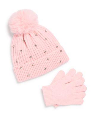 Girls' Rhinestone Beanie with Faux Fur Pom & Gloves Set - Little Kid by CAPELLI