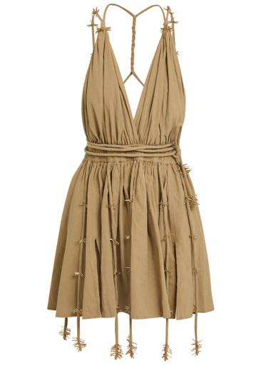 Bead embellished halterneck cotton mini dress by CARAVANA