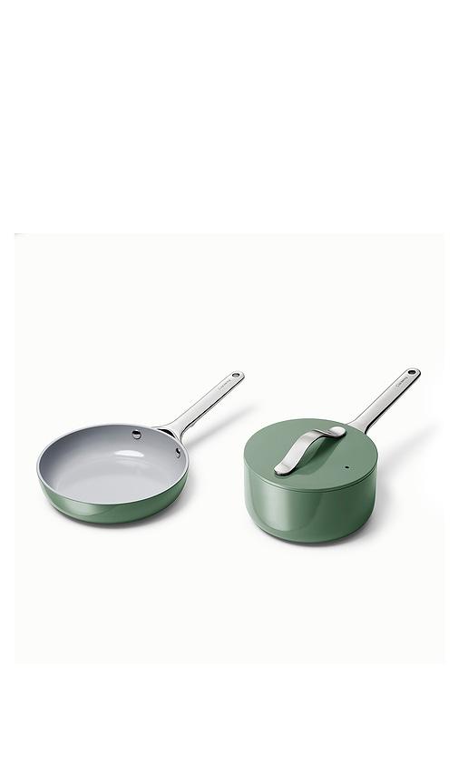 Caraway Non-stick Ceramic Mini Fry Pan & Mini Sauce Pan Duo in Sage by CARAWAY Caraway Non-stick Ceramic Mini Fry Pan & Mini Sauce Pan Duo in Sage by CARAWAY