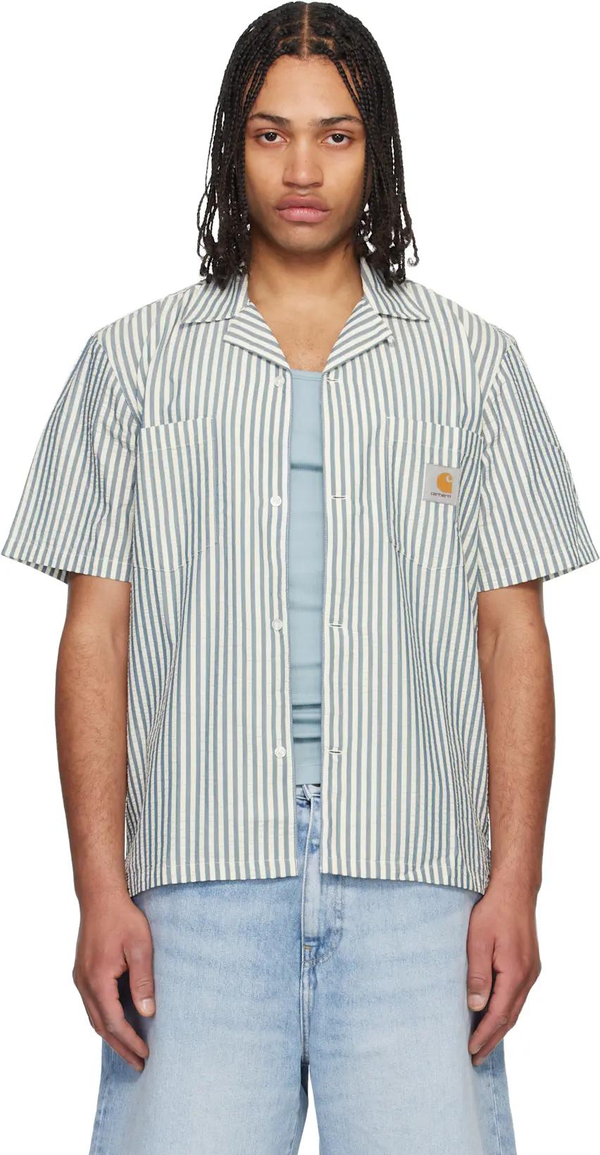Blue & White Short Sleeve Leavel Stripe Shirt by CARHARTT WIP