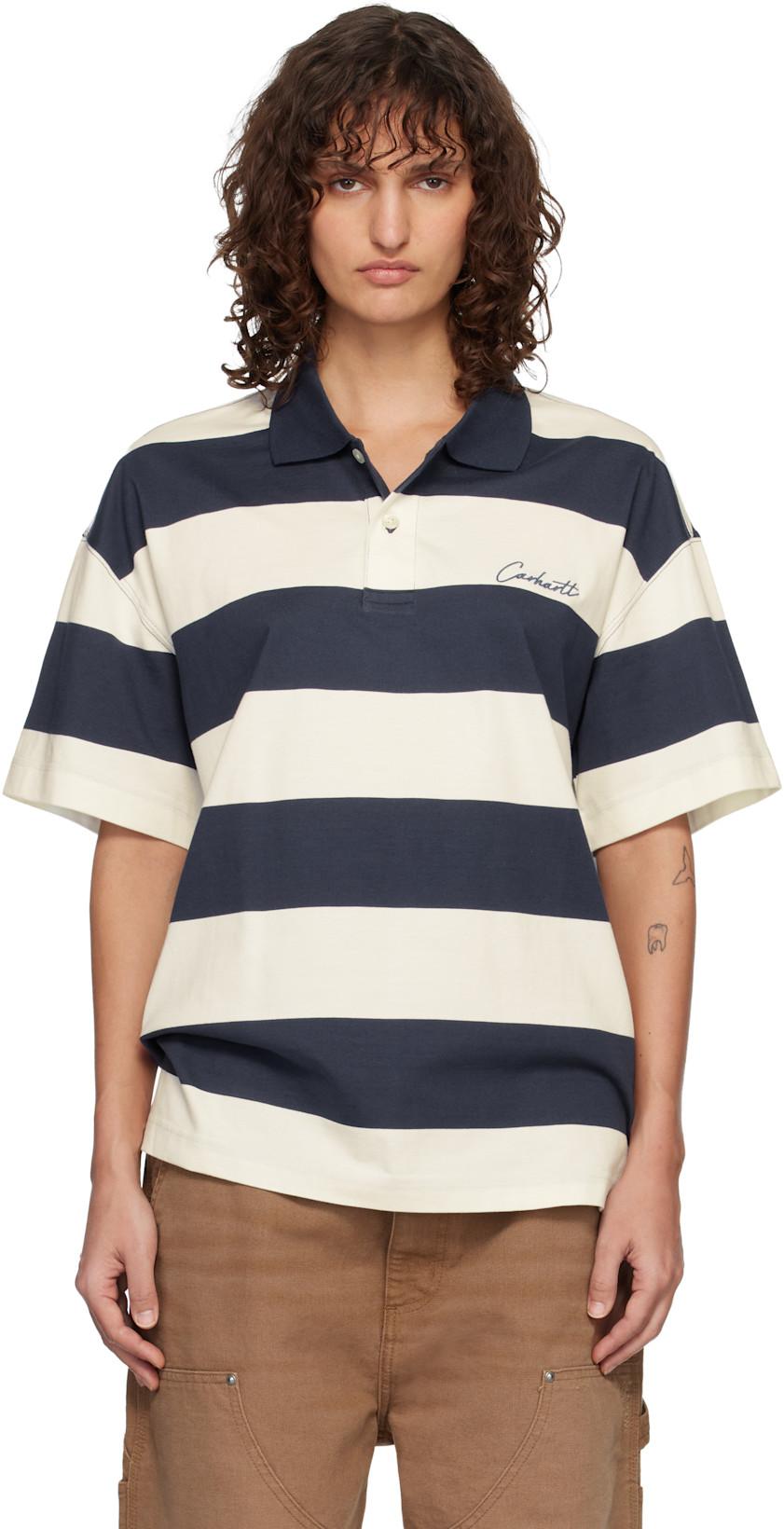 White & Blue Short Sleeve Delray Stripe Polo by CARHARTT WIP