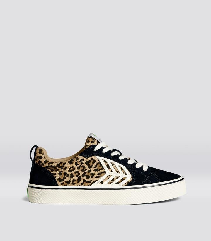 CATIBA PRO Low Black Suede Leopard Print Canvas Ivory Logo Sneaker Men by CARIUMA