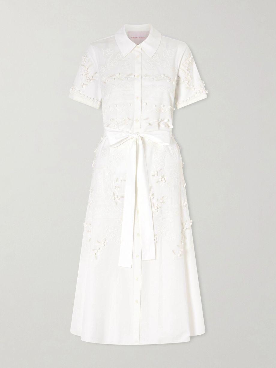 Belted embroidered cotton-blend poplin midi shirt dress by CAROLINA HERRERA