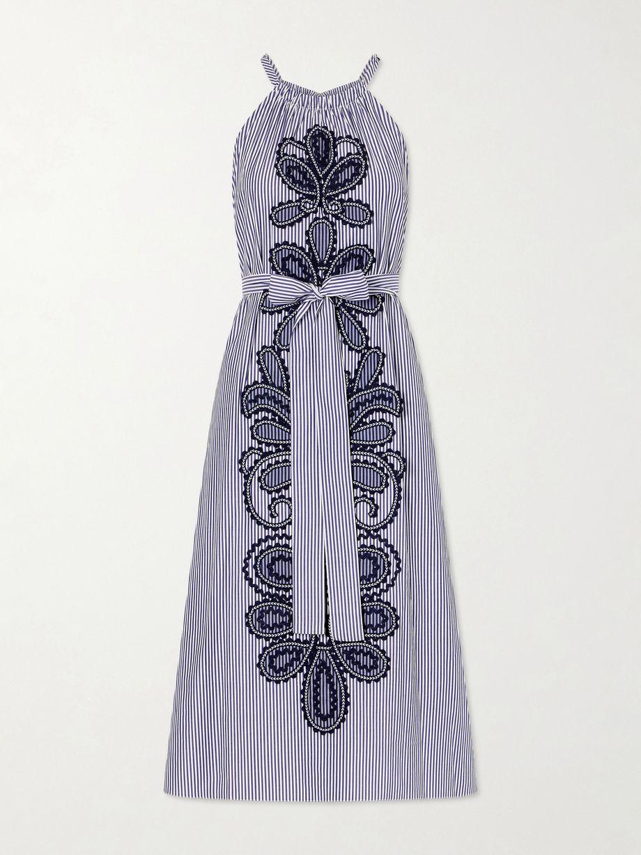 Belted striped embroidered cotton-poplin halterneck midi dress by CAROLINA HERRERA