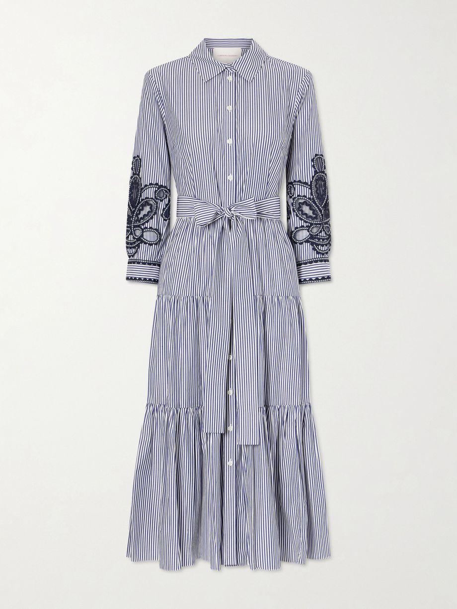 Belted tiered embroidered striped cotton-poplin midi dress by CAROLINA HERRERA