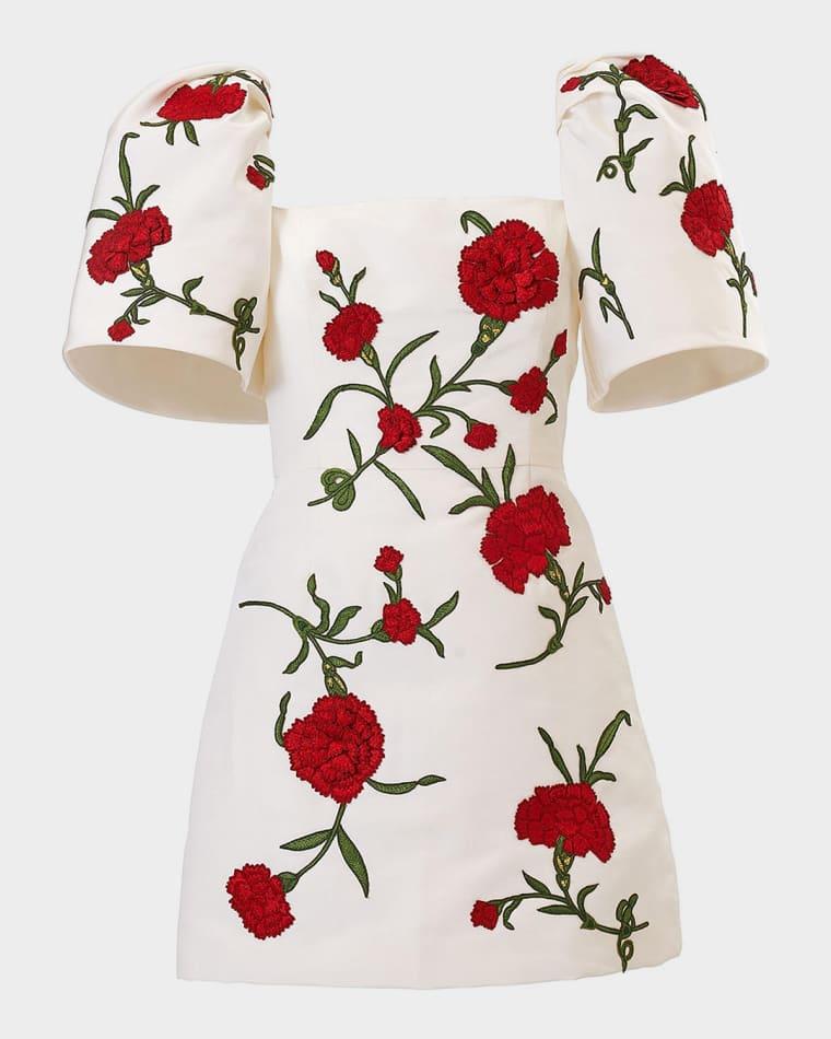 Carnation Embroidered Bell-Sleeve Mini Dress by CAROLINA HERRERA