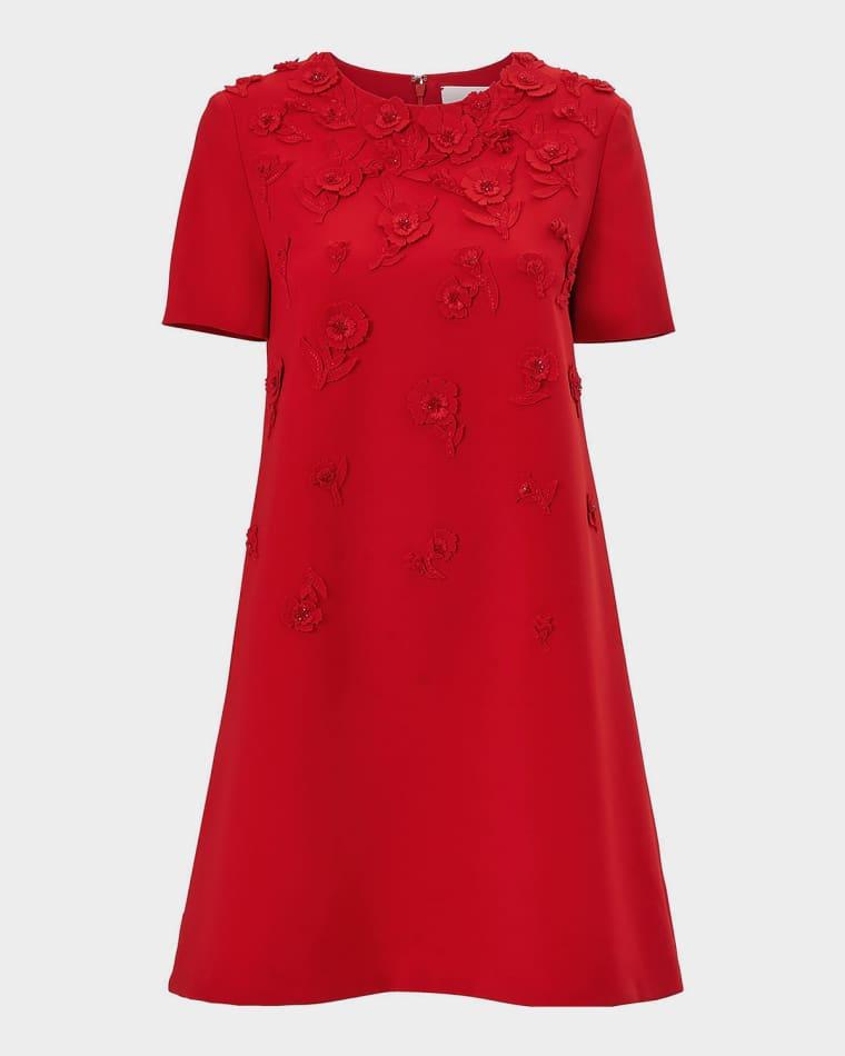 Carnation Embroidered Short-Sleeve Mini Dress by CAROLINA HERRERA