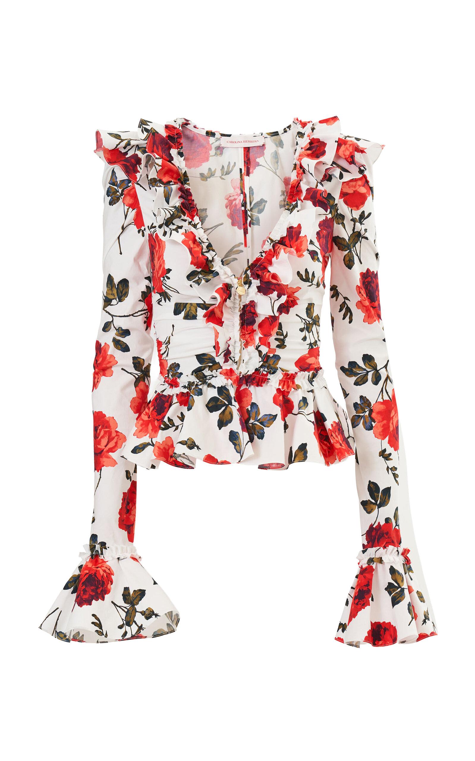 Carolina Herrera Ruched Stemmed-Rose-Printed Stretch-Cotton Top - Moda Operandi by CAROLINA HERRERA