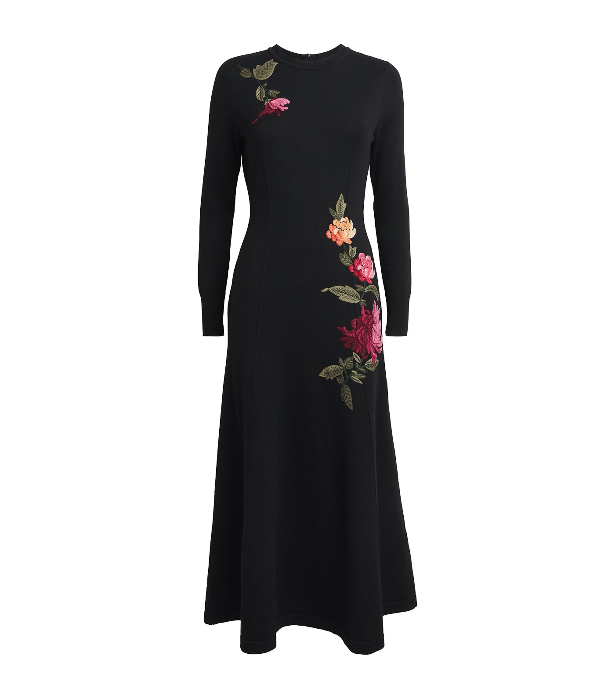 Carolina Herrera Virgin Wool-Silk Floral Embroidered Midi Dress by CAROLINA HERRERA