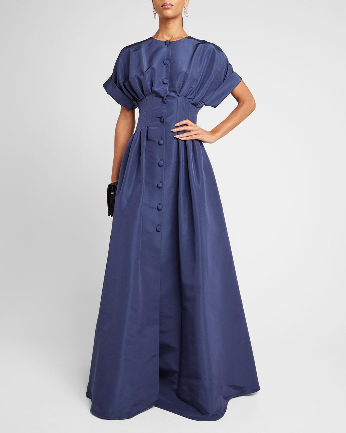 Corset-Waist Short-Sleeve Button-Front Gown by CAROLINA HERRERA