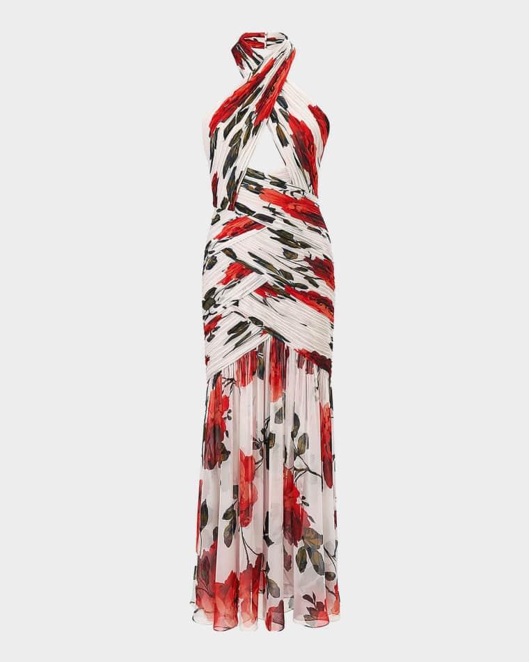 Crisscross Ruched Rose Chiffon Halter Gown by CAROLINA HERRERA