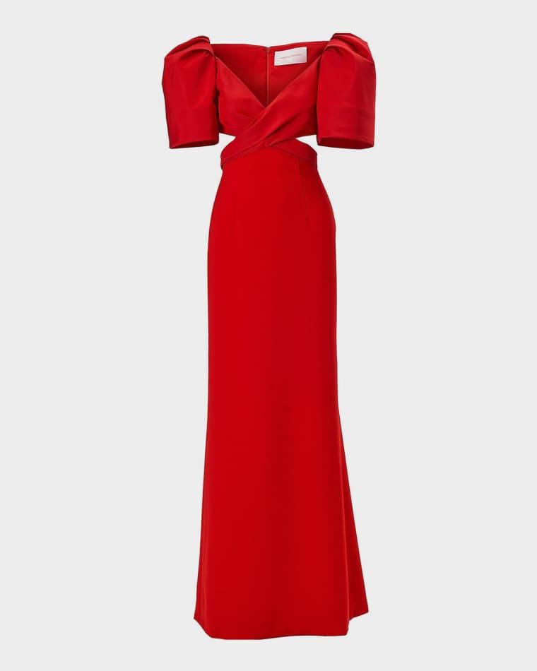 Crisscross V-Neck Bell-Sleeve Cutout Gown by CAROLINA HERRERA
