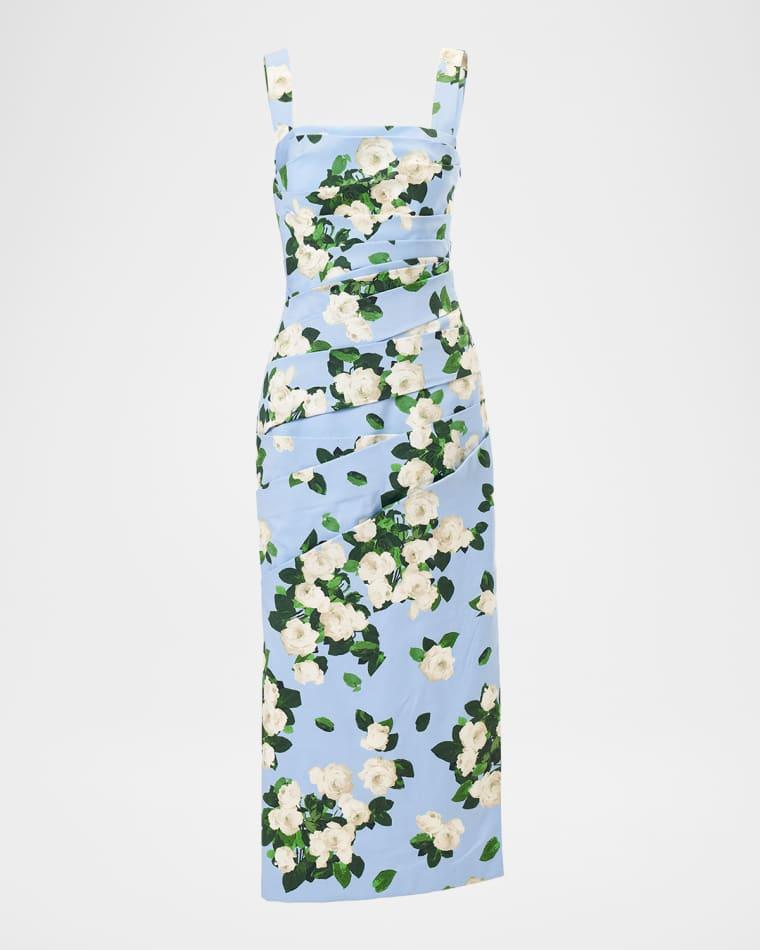 Draped Floral Cotton Sleeveless Midi Dress by CAROLINA HERRERA