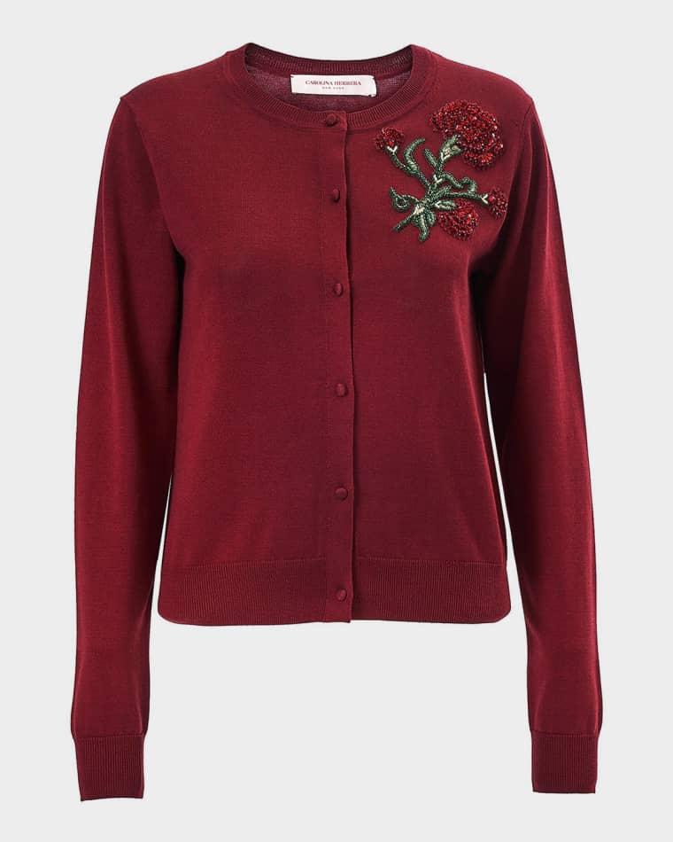 Embellished Silk-Cotton Crewneck Cardigan by CAROLINA HERRERA