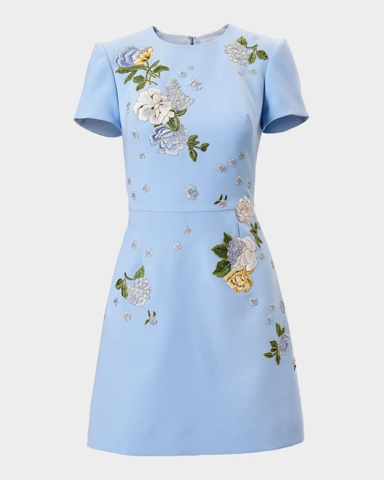 Embroidered Short-Sleeve Bow Cutout Mini Dress by CAROLINA HERRERA