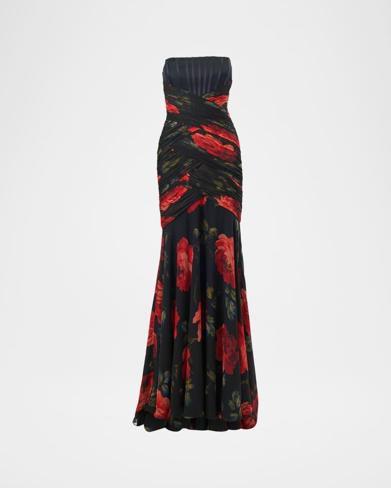 Floral Chiffon Strapless Corset Gown by CAROLINA HERRERA
