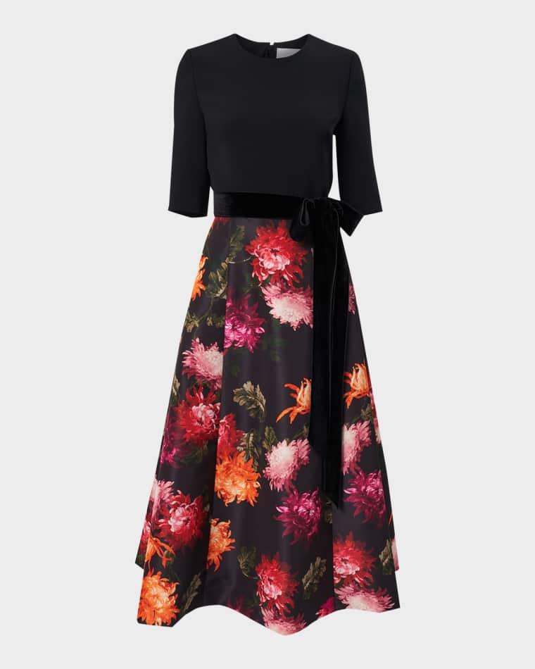 Floral Elbow-Sleeve Bow Midi Dress by CAROLINA HERRERA