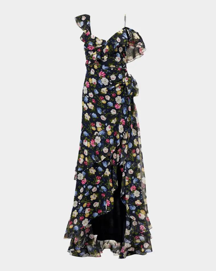 Floral-Print Silk Chiffon Asymmetric Ruffle Gown by CAROLINA HERRERA