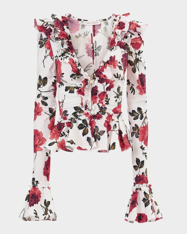 Floral Ruched Ruffle Peplum Blouse by CAROLINA HERRERA