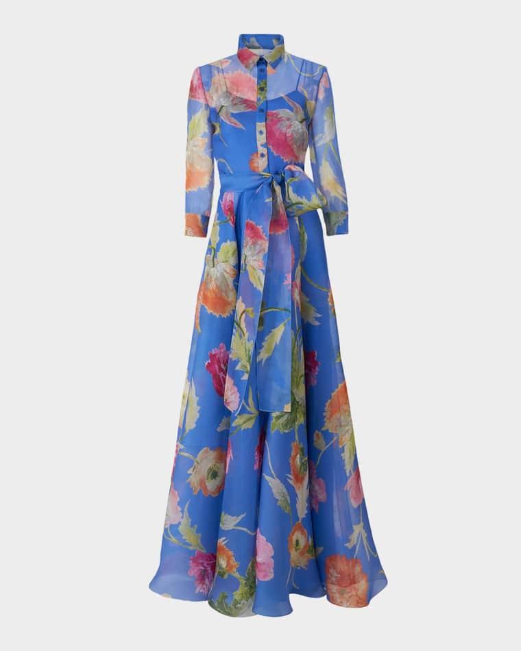 Floral Silk Chiffon Belted Trench Gown by CAROLINA HERRERA