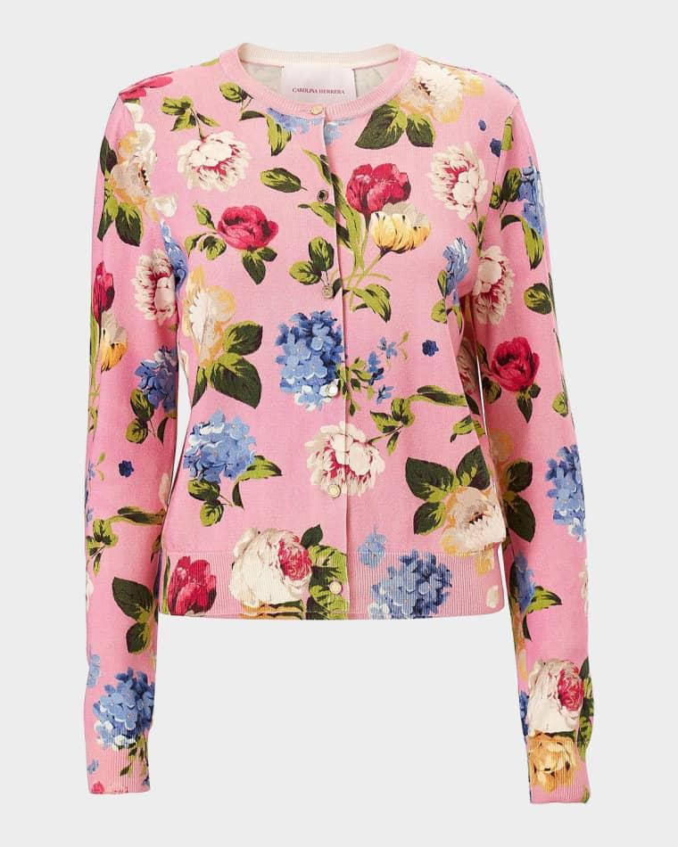 Floral Silk-Cotton Crewneck Cardigan by CAROLINA HERRERA