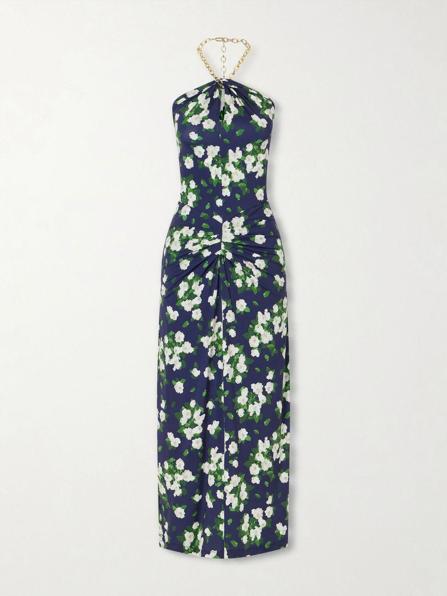 Floral-print embellished satin halterneck midi dress by CAROLINA HERRERA