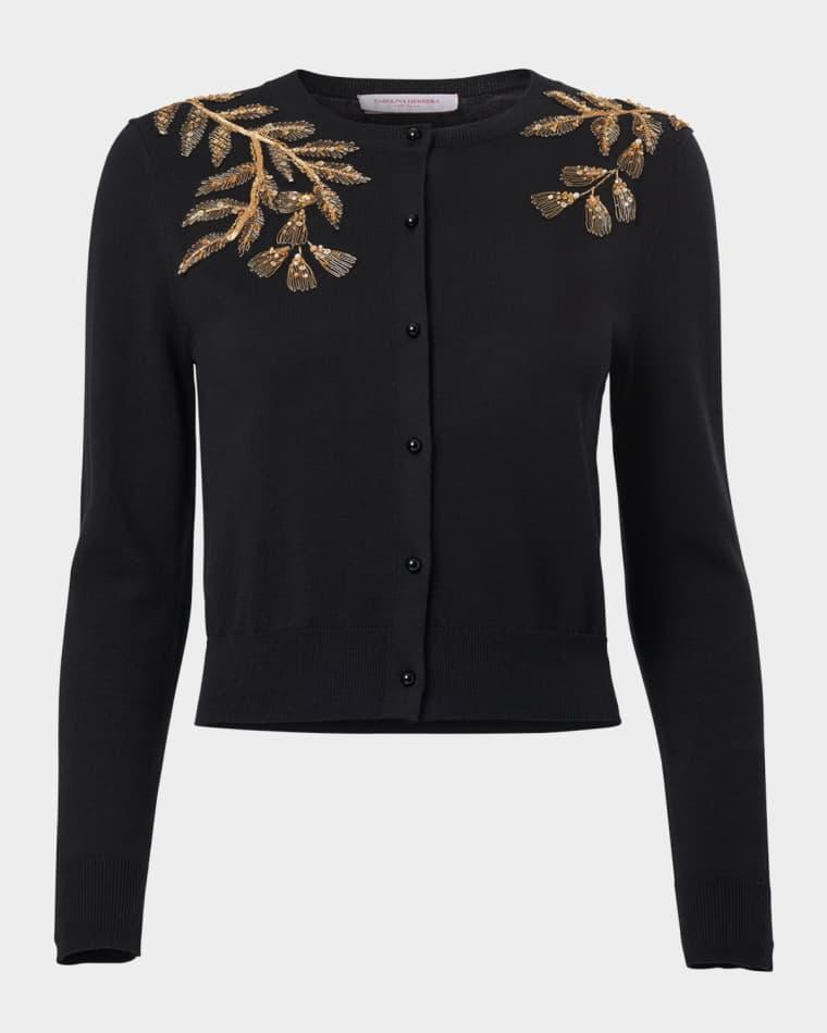 Gold Leaf-Embroidered Silk Cotton Cardigan by CAROLINA HERRERA