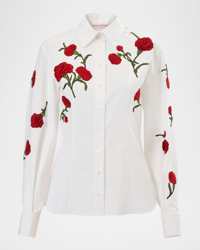 Isabela Carnation Embroidered Button-Down Top by CAROLINA HERRERA