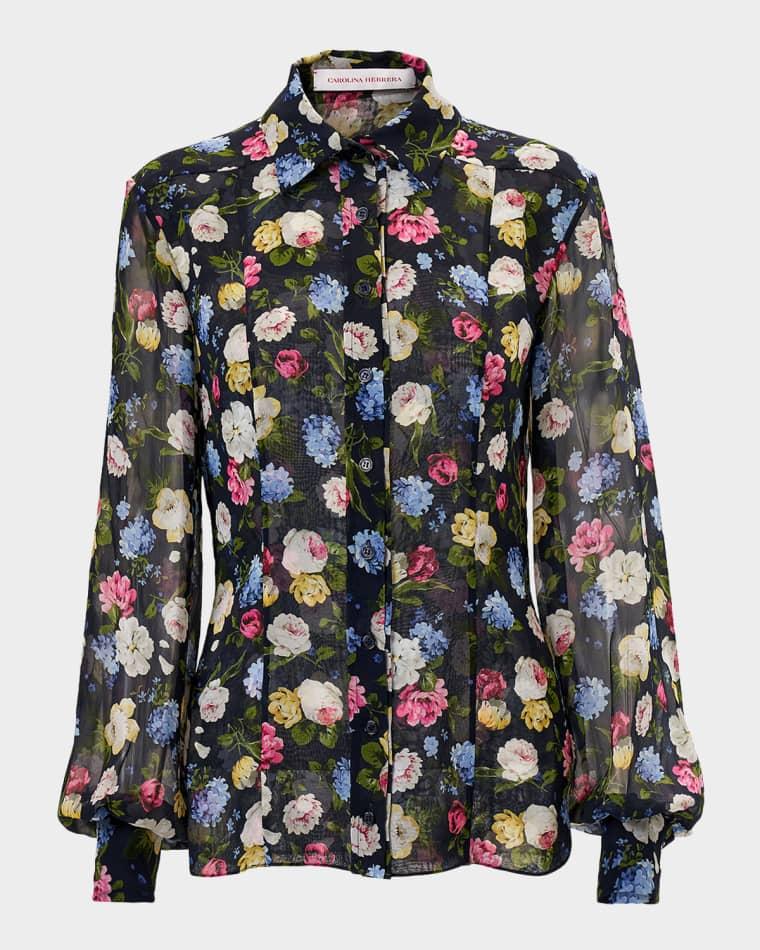 Isabella Rose-Print Silk Chiffon Button-Down Shirt by CAROLINA HERRERA