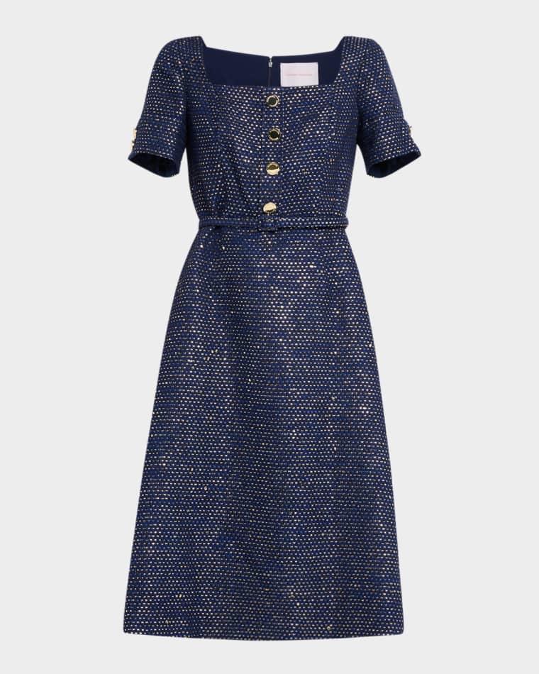 Metallic Tweed Button-Front Belted Midi Dress by CAROLINA HERRERA