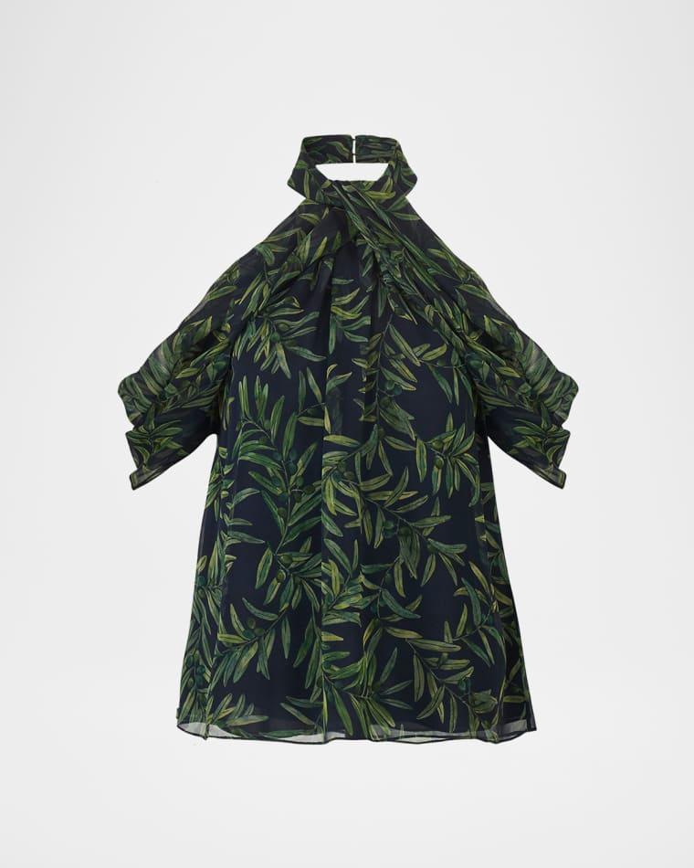 Olive-Print Draped Cold-Shoulder Chiffon Halter Blouse by CAROLINA HERRERA