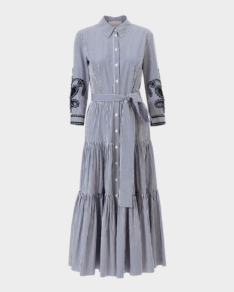 Paisley Embroidered 3/4-Sleeve Tiered Midi Shirtdress by CAROLINA HERRERA