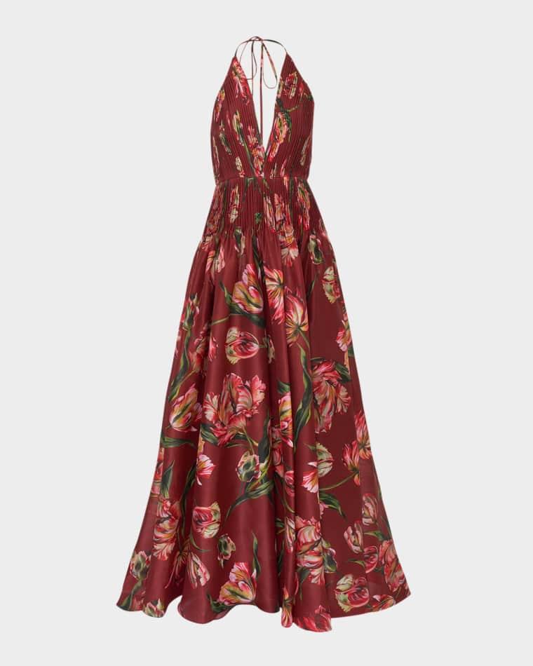 Plunging Halter Pleated Drop-Waist Gown by CAROLINA HERRERA