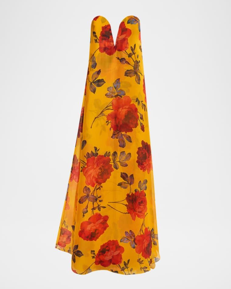 Plunging Strapless Rosette-Print Silk Chiffon Gown by CAROLINA HERRERA