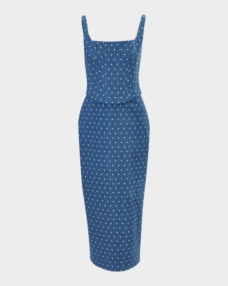 Polka-Dot Denim Corset Midi Dress by CAROLINA HERRERA