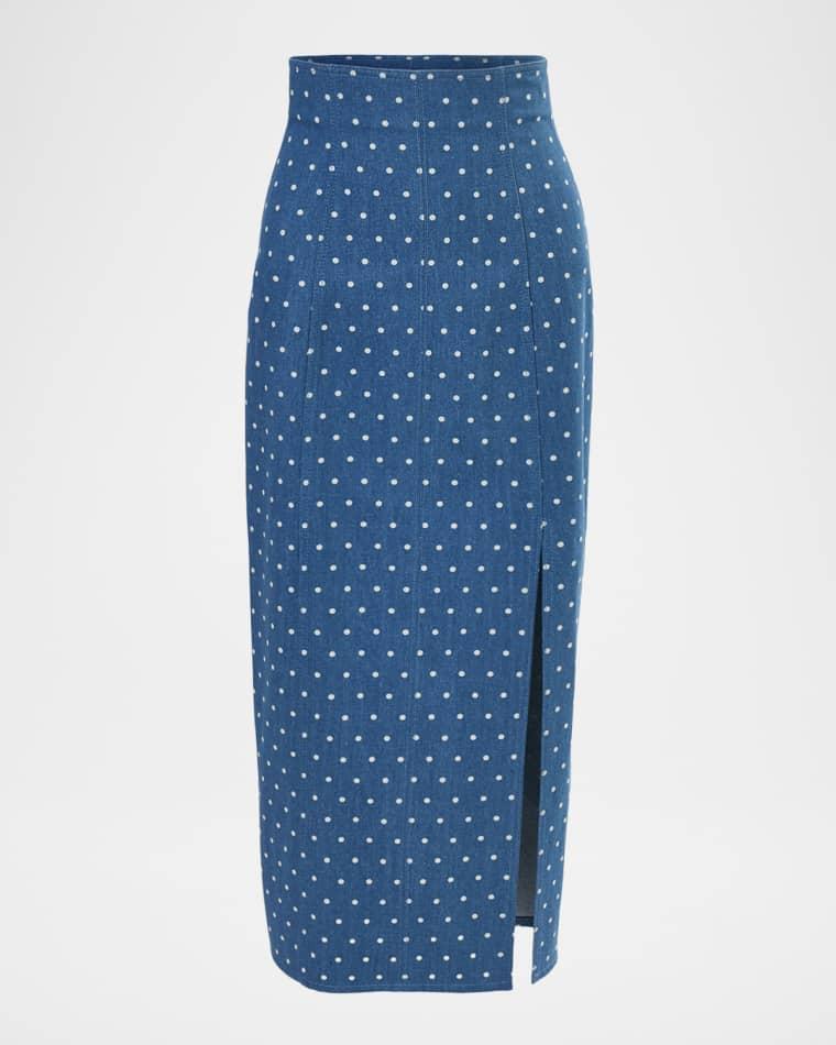 Polka-Dot Denim Slit Midi Skirt by CAROLINA HERRERA