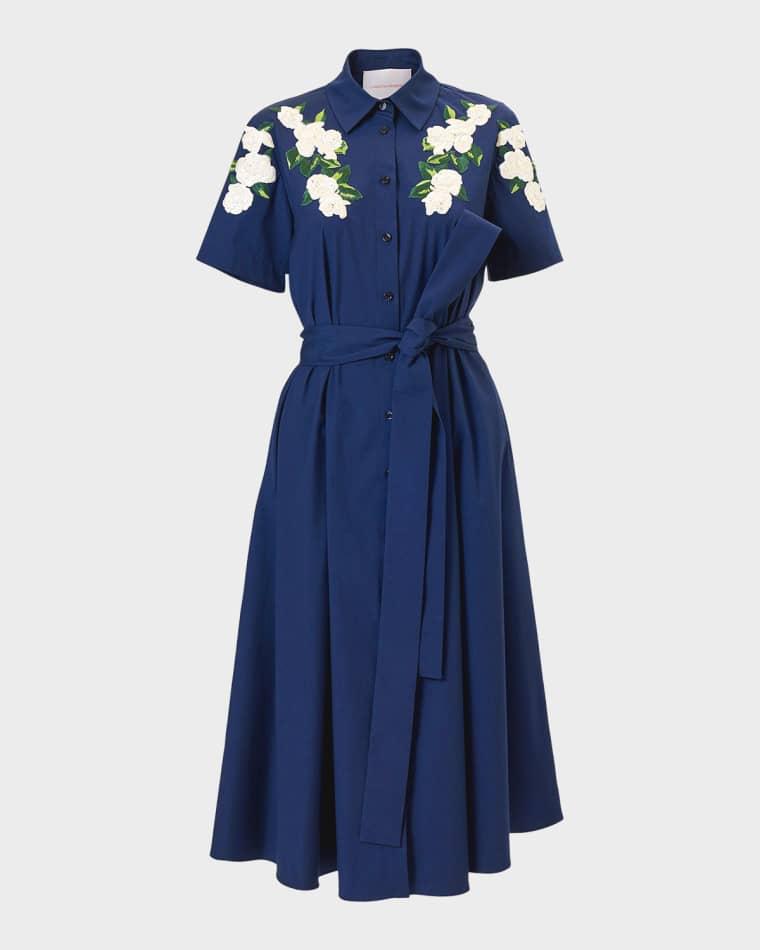 Rose Embroidered Short-Sleeve Midi Shirtdress by CAROLINA HERRERA
