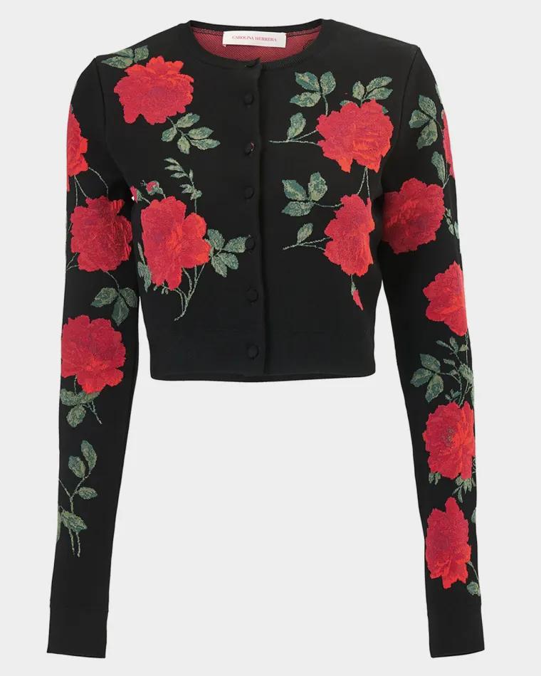 Rose Jacquard Crop Crewneck Cardigan by CAROLINA HERRERA