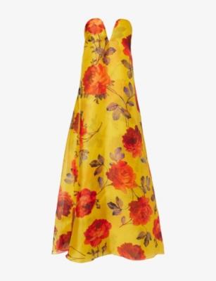 Rose-Print Deep-V Silk Gown by CAROLINA HERRERA