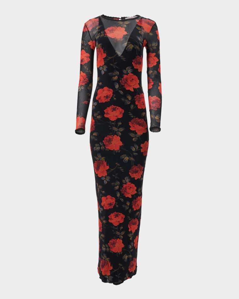 Rose-Print Mesh Long-Sleeve Maxi Dress by CAROLINA HERRERA