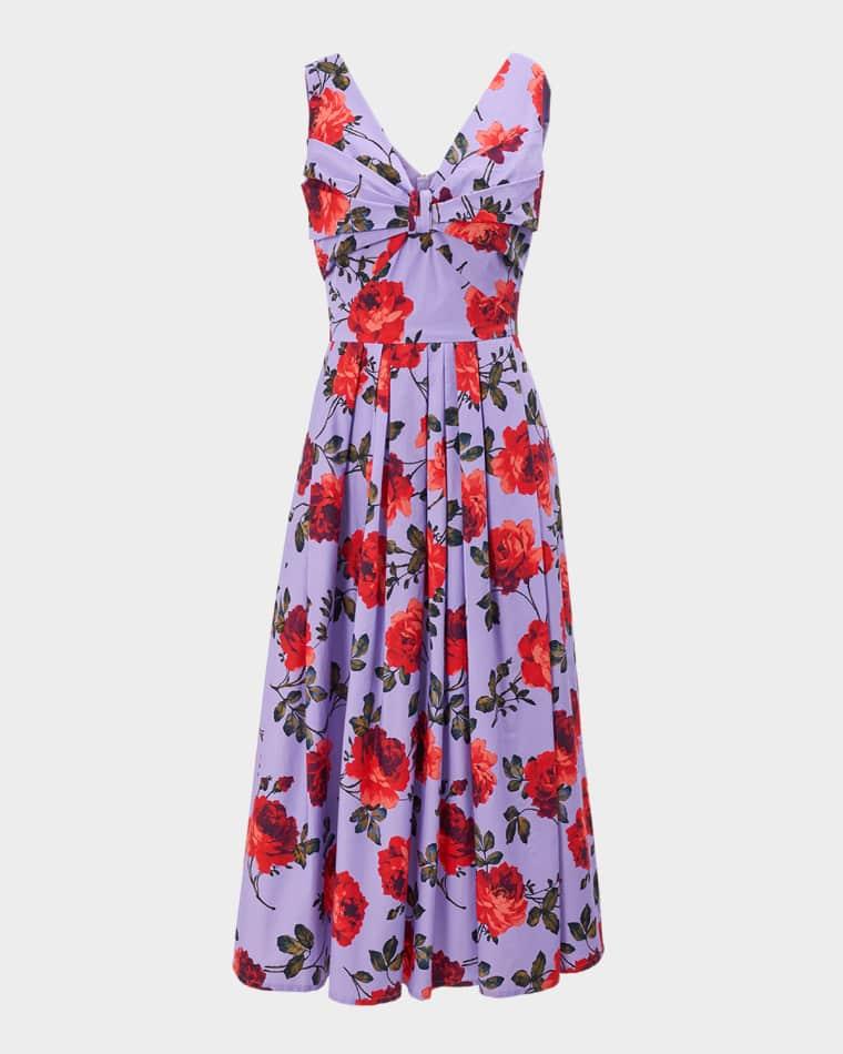 Rose-Print Pleated Bow V-Neck Midi Dress by CAROLINA HERRERA