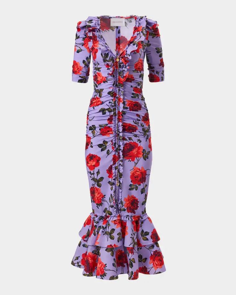 Rose-Print Ruched V-Neck Midi Dress by CAROLINA HERRERA
