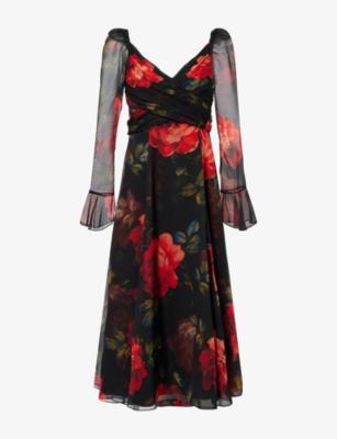 Ruched-Front Floral-Print Silk Midi Dress by CAROLINA HERRERA